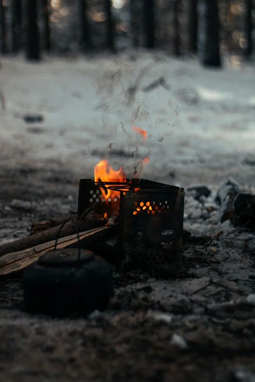 a campfire in the middle of a snowy forest, pexels contest winner, auto-destructive art, smokey burnt envelopes, charred desert, large black kettle on hearth, cinematic detail