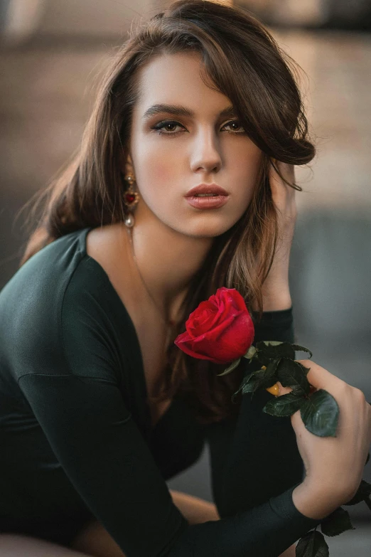 a woman posing with a rose in her hand, trending on pexels, girl with dark brown hair, red and green, 5 0 0 px models, serious