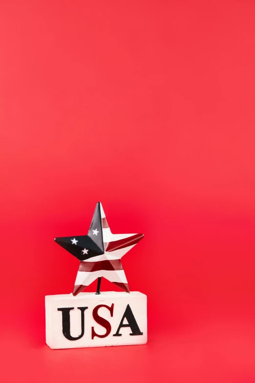 a red, white and blue star with the word usa on it, an album cover, by Alison Geissler, shutterstock contest winner, wooden statue, on a red background, white red, dos