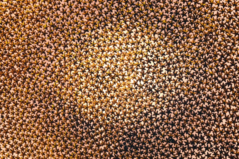 a close up of a piece of metal, a pointillism painting, inspired by Andreas Gursky, pexels, kinetic pointillism, golden and copper shining armor, background is made of stars, sun lighting from above, stereogram