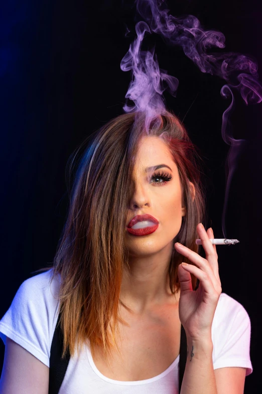 a woman smoking a cigarette on a black background, a portrait, trending on pexels, adriana chechik, mid 2 0's female, blue and purple vapor, casual pose