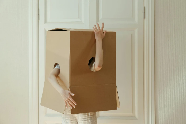 a person with a cardboard box on their head, inspired by Sarah Lucas, pexels contest winner, keyhole, full-body, young child, brown holes