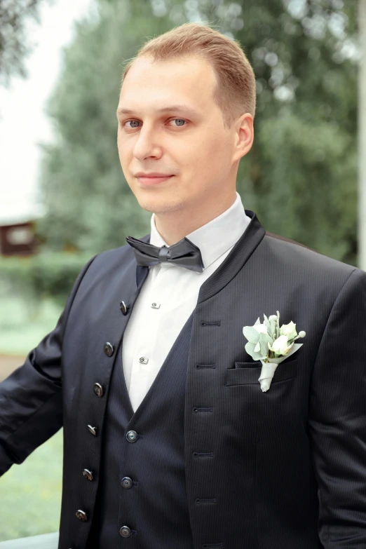 a man in a tuxedo standing next to a car, inspired by Dmitry Levitzky, reddit, romanticism, profile image, neoprene, 3-piece-suit, uniform