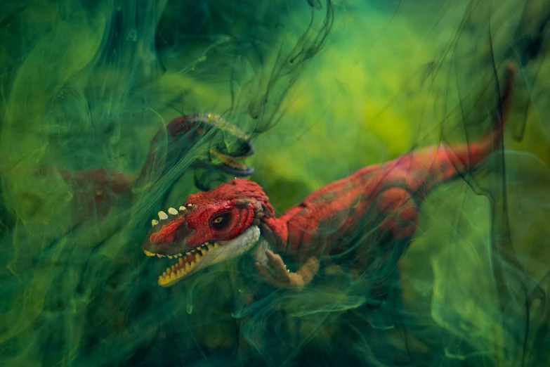 a close up of a dinosaur in a body of water, an airbrush painting, by Adam Marczyński, pexels contest winner, green and red radioactive swamp, toy photography, thunder in the foggy jungle, made of plastic