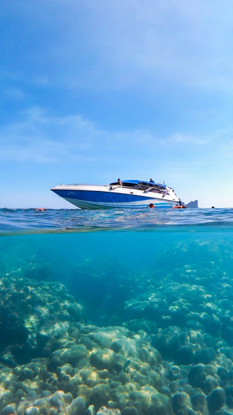 a boat that is floating in the water, elegant coral sea bottom, profile image