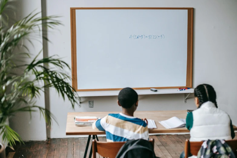 a group of people sitting at a table in front of a whiteboard, by Carey Morris, trending on unsplash, paris school, mathematics, man sitting facing away, medium shot of two characters, blackboard