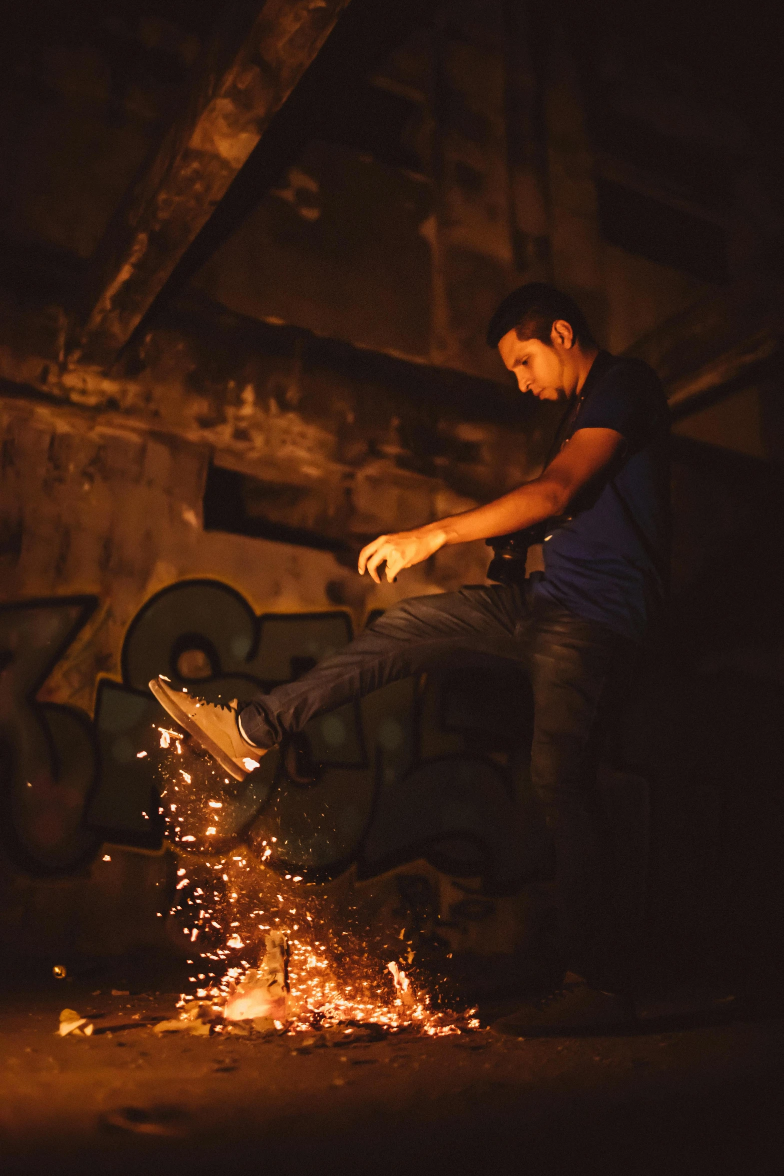 a man flying through the air while riding a skateboard, pexels contest winner, graffiti, at a campfire at night, blacksmith, amr elshamy, crouching