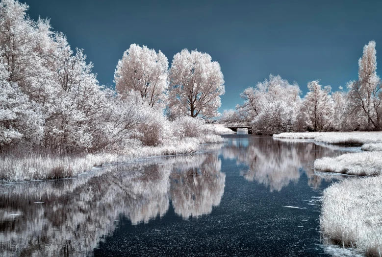 a body of water surrounded by trees covered in snow, by Harald Giersing, pexels contest winner, infra - red, water reflection!!!!!, paul barson, white and blue