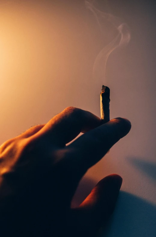 a person holding a lit cigarette in their hand, hemp, paul barson, smokey chimney, in a sunset haze