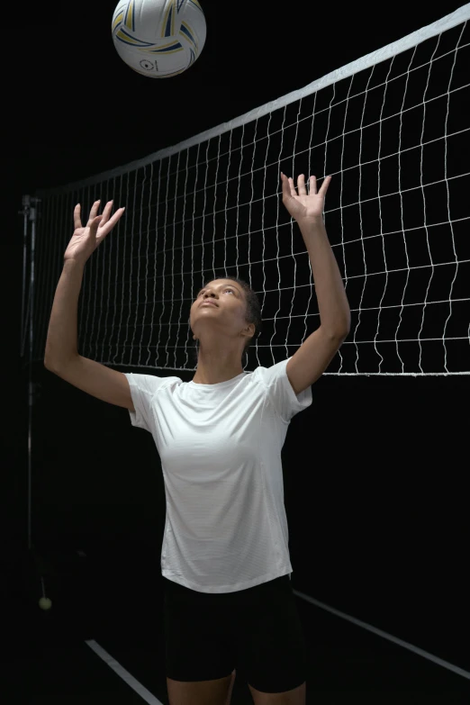 a woman reaching up to hit a volleyball ball, inspired by Christen Dalsgaard, pexels contest winner, figuration libre, stands in center with open arms, nets, looking sad, square