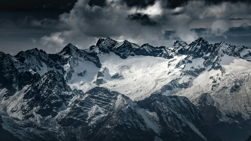 a black and white photo of a mountain range, an album cover, pexels contest winner, baroque, cinematic 4k wallpaper, icy, 4 k hd wallpapear, dark clouds