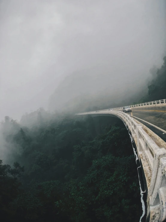 a long bridge in the middle of a forest, pexels contest winner, happening, driving rain, 2 5 6 x 2 5 6 pixels, on top of a mountain, haze over the shoulder shot