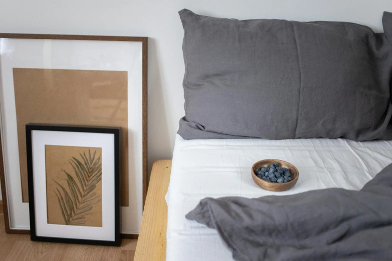 a bed with a bowl of blueberries on top of it, a charcoal drawing, featured on pinterest, wide frame, crisp smooth clean lines, linen, far - mid shot