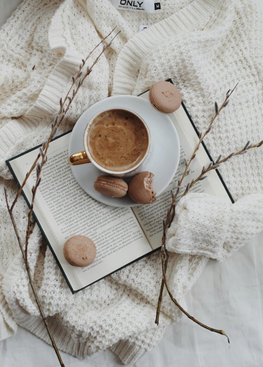 a cup of coffee sitting on top of a book, by Lucia Peka, pexels contest winner, romanticism, macaron, boho neutral colors, instagram post, 15081959 21121991 01012000 4k