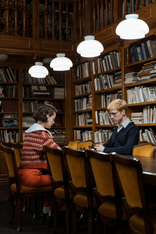 a couple of people sitting at a table in a library, sophia lillis, julia gorokhova, hammershøi, hyperealistic photo