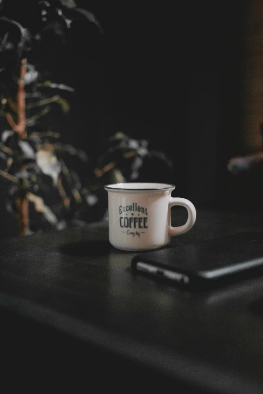 a coffee cup sitting on top of a wooden table, trending on unsplash, happening, thumbnail, low quality photo, vintage photo, saying