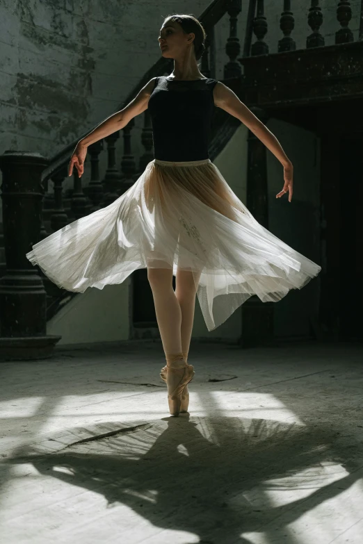 a woman that is standing in the middle of a room, by Elizabeth Polunin, pexels contest winner, arabesque, wearing white skirt, side view of her taking steps, back lit, upright