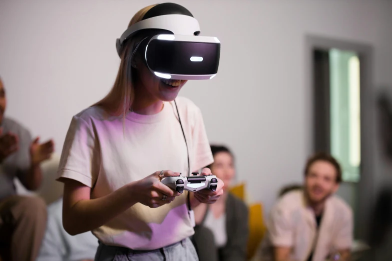 a woman wearing a virtual reality headset in front of a group of people, pexels, hypermodernism, playstation 5, playstion 5 screen, bottom angle, glowing oled visor