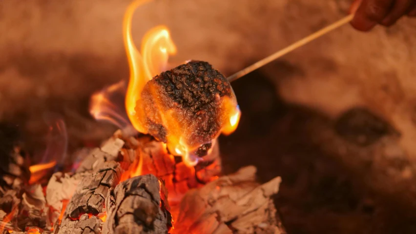 a person roasting marshmallows over an open fire, a digital rendering, by Adam Manyoki, unsplash, hurufiyya, barbecuing chewing gum, beef, bushfire, close-up photo