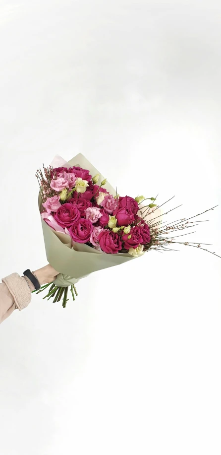 a woman holding a bunch of pink and white flowers, inspired by François Boquet, instagram, angled shot, rich deep pink, cupid, full product shot