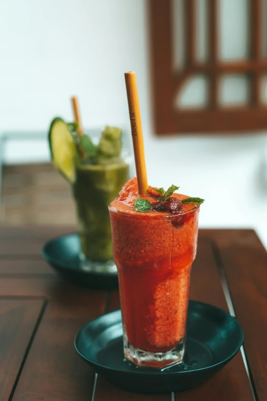 a close up of a drink on a plate on a table, jakarta, profile image, slush, organics