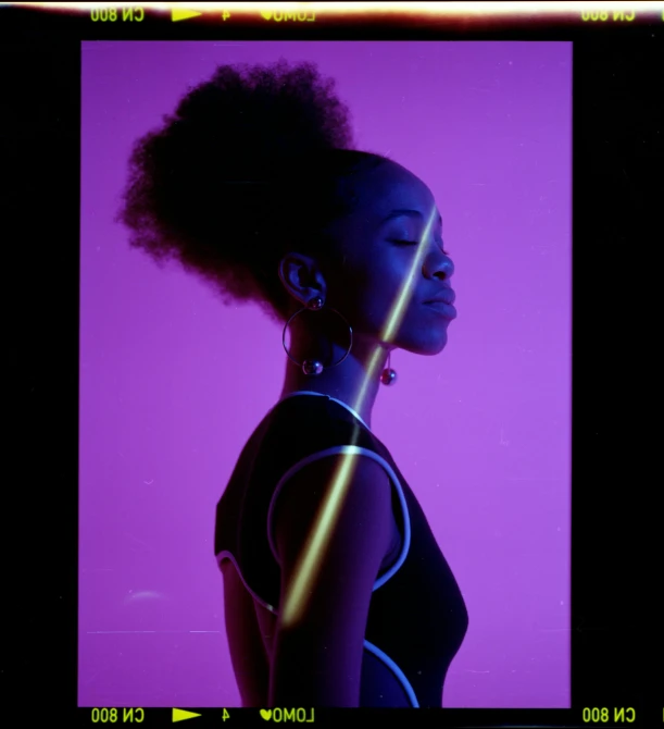 a woman standing in front of a purple background, trending on pexels, afrofuturism, neon dark lighting, vertical movie frame, profile pose, key still