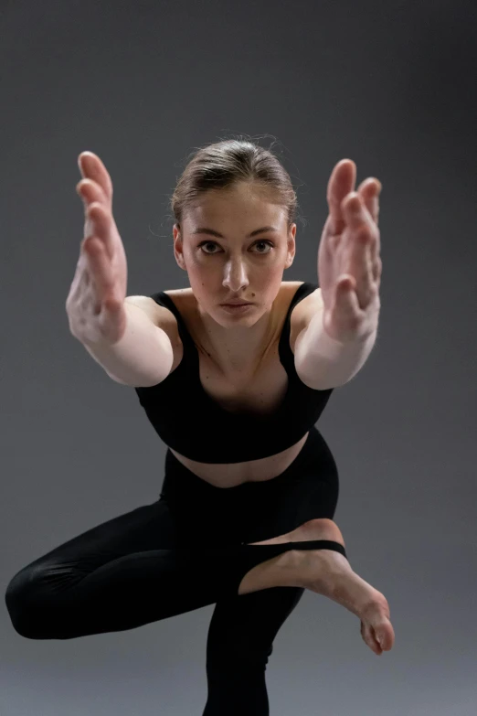 a woman in a black leo leo leo leo leo leo leo leo leo leo leo leo leo, a portrait, inspired by Elizabeth Polunin, unsplash, arabesque, heavy gesture style closeup, square, crouching, physicality-based render