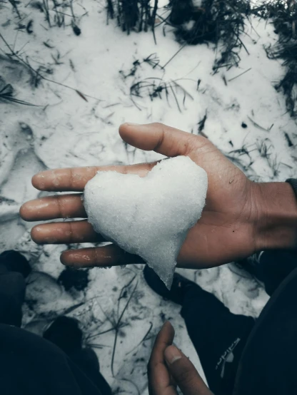 a person holding a white heart in the snow, pexels contest winner, fluffy body, hailstorm, ansel ], pristine and clean