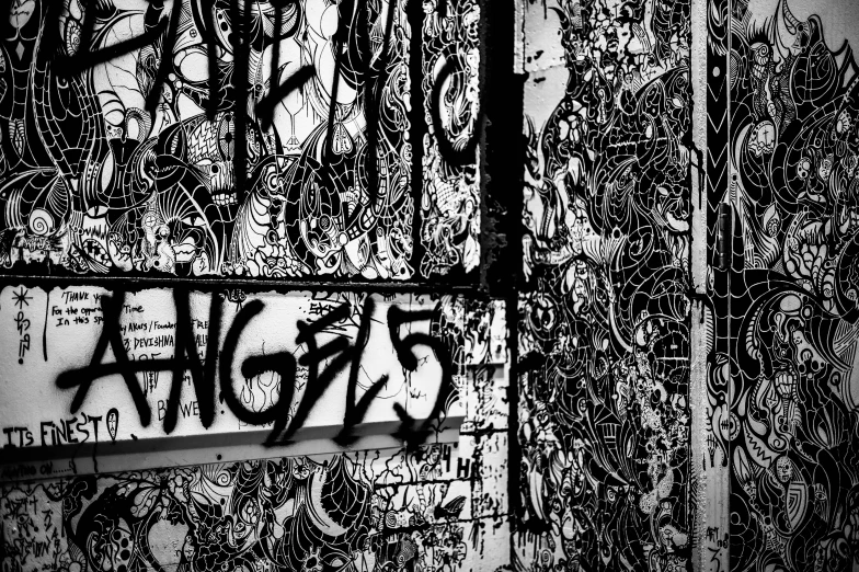 a black and white photo of graffiti on a wall, graffiti art, by Daniel Seghers, pexels, five fingers, gate to hell, studio 54, sf 5 ink style