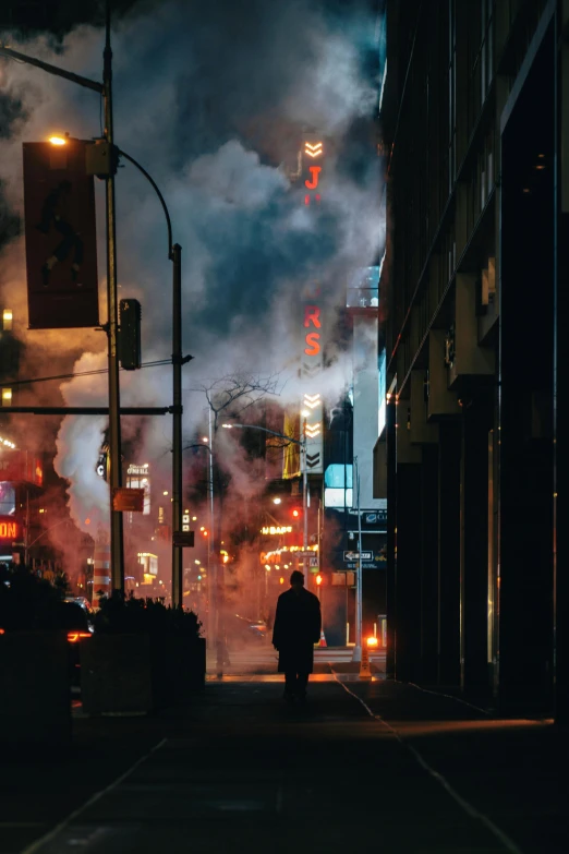 a person walking down a city street at night, unsplash contest winner, realism, smoke and gas, chinatown, sci - fi scene future new york, city morning