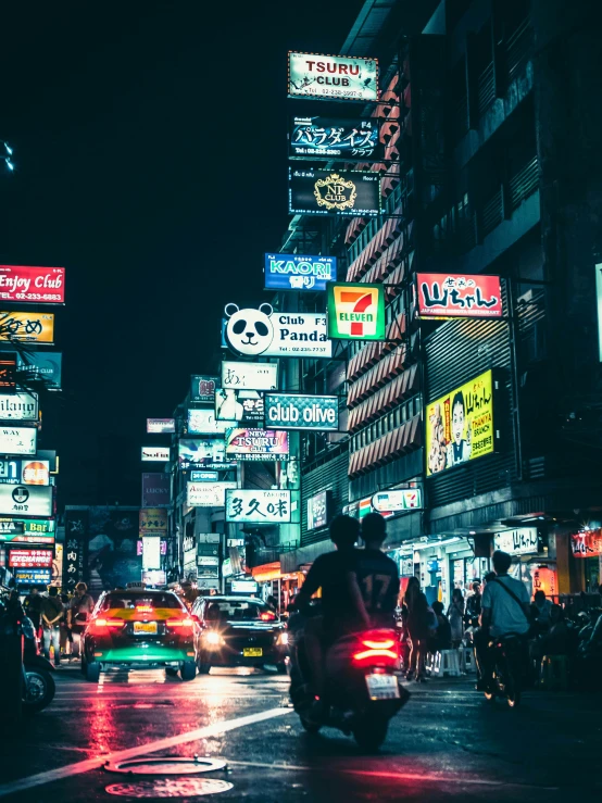 a person riding a motorcycle down a city street at night, japanese neon signs, travelers walking the streets, thailand, square