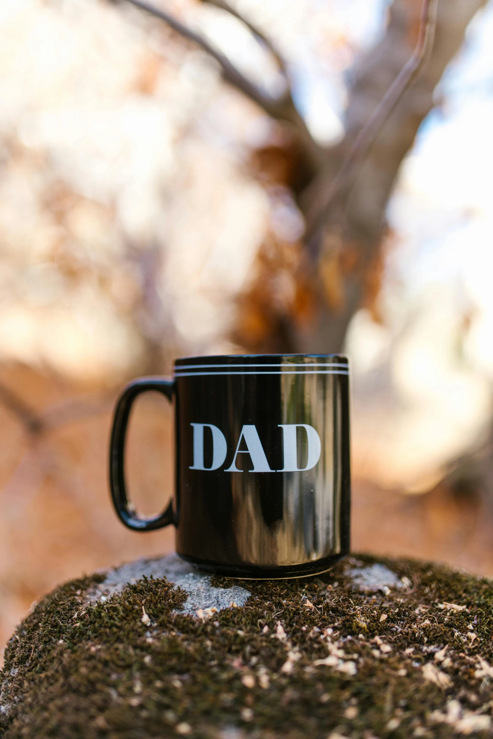 a black coffee mug sitting on top of a rock, dada, dad, full product shot, in the woods, foil