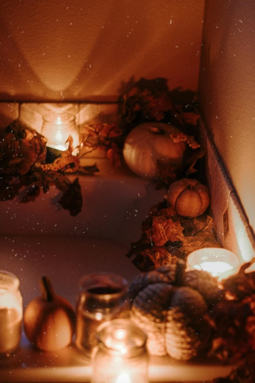 a box filled with candles sitting on top of a table, cornucopia, autumn night, profile image, top down view