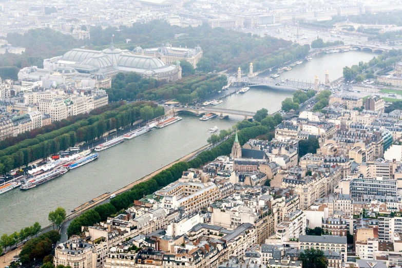 the view of paris from the top of the eiffel tower, a photo, pexels contest winner, visual art, building along a river, slight haze, 2022 photograph, 2000s photo