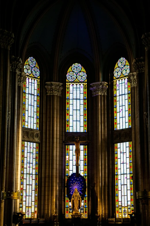 a church filled with lots of stained glass windows, inspired by Barthélemy d'Eyck, art nouveau, palace of the chalice, window light, vivid), buttresses
