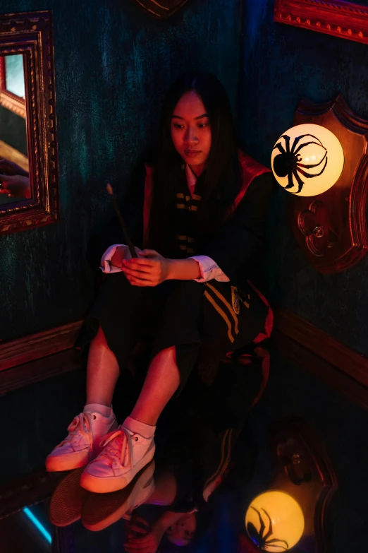 a woman sitting on top of a skateboard in a room, an album cover, inspired by Feng Zhu, dressed as a wizard, long spider paws, official store photo, spooky lighting