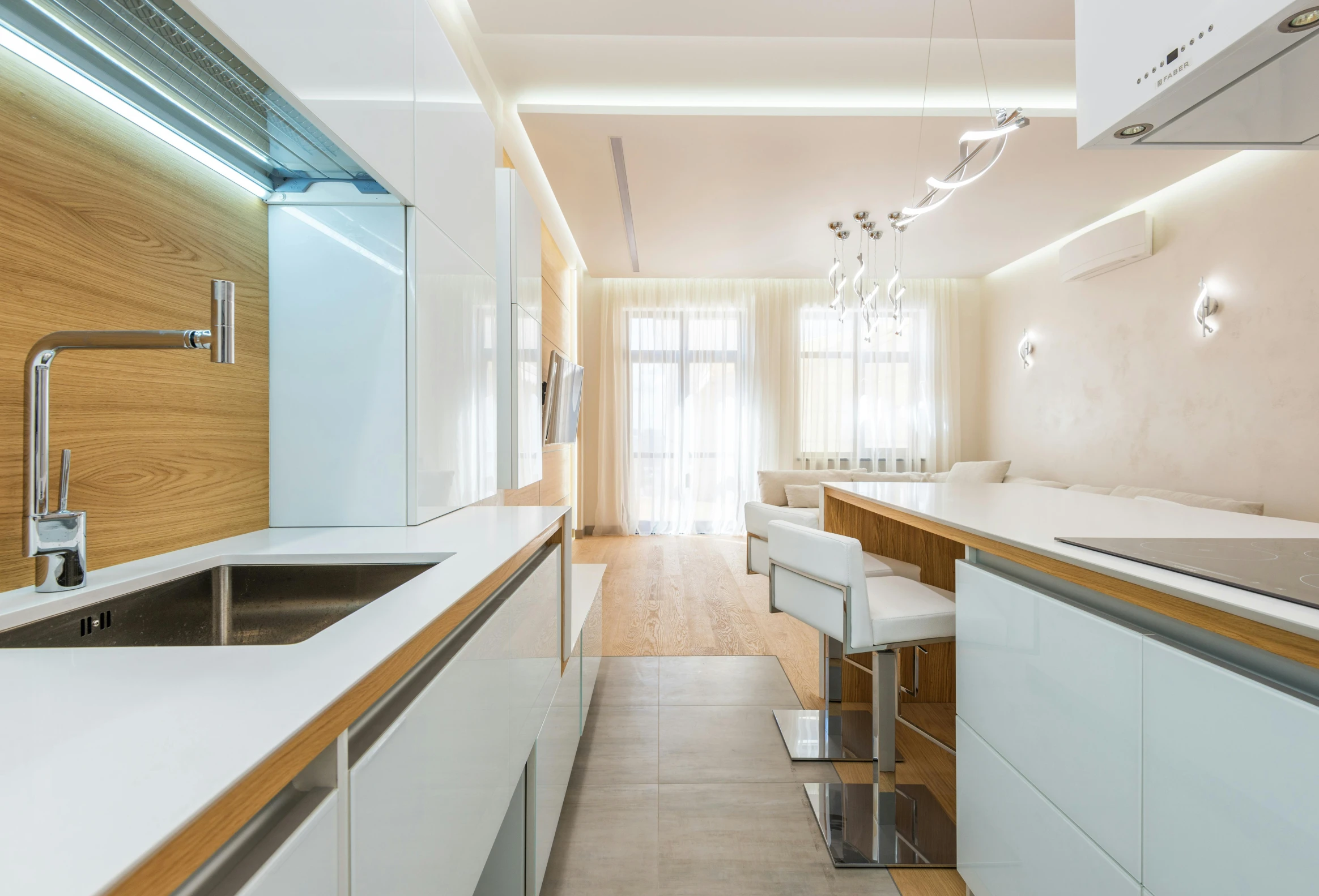 the kitchen is clean and ready for us to use, by Daniel Gelon, light and space, neo kyiv, award winning lighting, inside a modern apartment, fluorescent ceiling lights