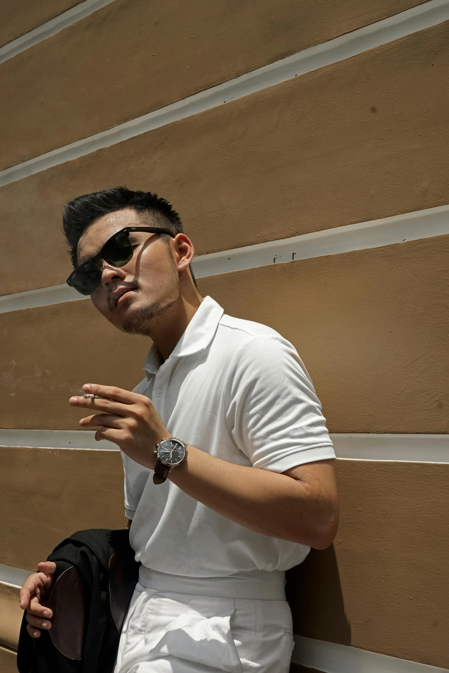 a man leaning against a wall smoking a cigarette, an album cover, inspired by Gang Hui-an, pexels contest winner, with sunglass, profile image, wearing white shirt, wlop and ross tran