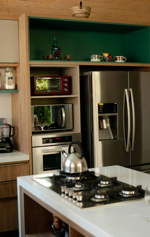 the kitchen is clean and ready for us to use, a digital rendering, by Felipe Seade, pexels, lush nature, refrigerator, coffee machine, gourmet cooking