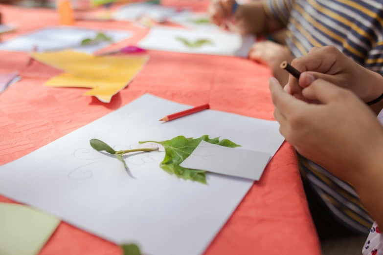 a close up of a child's hand on a piece of paper, inspired by Master of the Embroidered Foliage, pexels contest winner, person in foreground, big leaves and stems, educational supplies, painting on a badge