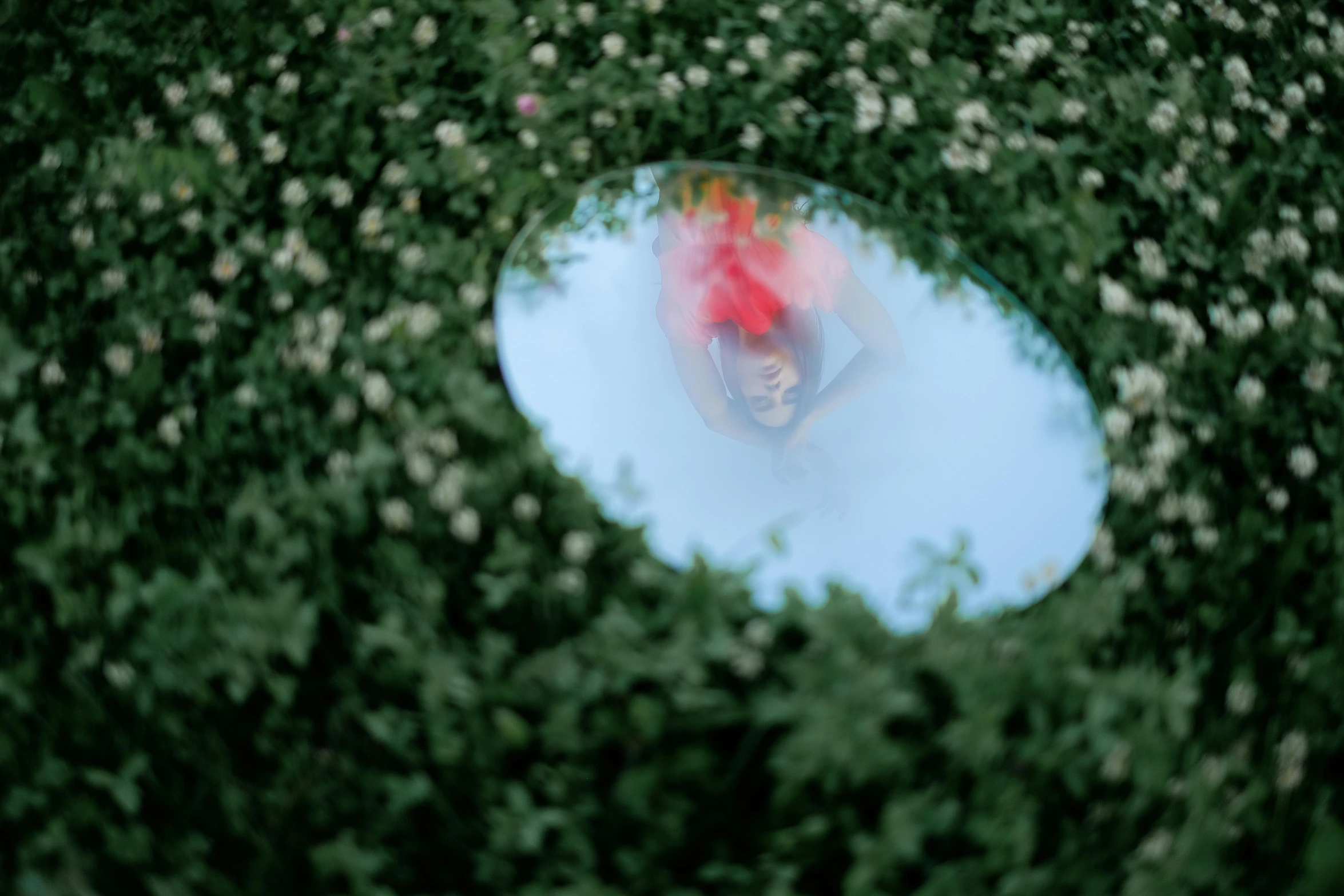 a person that is standing in the grass with a frisbee, an album cover, inspired by Scarlett Hooft Graafland, pexels contest winner, magic realism, sitting in a reflective pool, petzval lens. out of focus, looking through a portal, in a red dream world