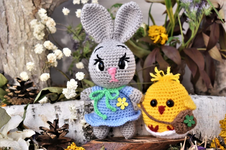 a couple of stuffed animals sitting next to each other, spring theme, crochet, 2263539546], square