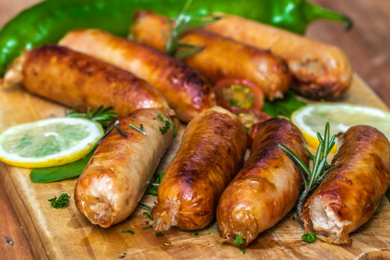 a wooden cutting board topped with lots of sausages, inspired by Eugène Boudin, pixabay, renaissance, greens), 6 pack, battered, made of glazed