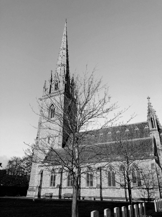 a black and white photo of a church, by Kev Walker, lead - covered spire, front and side view, warwick saint, photograph ”