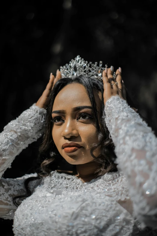 a woman in a wedding dress with a crown on her head, inspired by reyna rochin, pexels contest winner, teenage vanessa morgan, somali woman, rectangle, silver，ivory