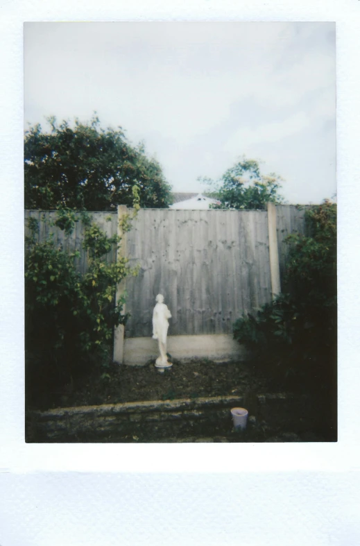 a person standing in front of a wooden fence, a polaroid photo, inspired by Elsa Bleda, porcelain holly herndon statue, low quality photo, possibly an angel, in a garden of a house