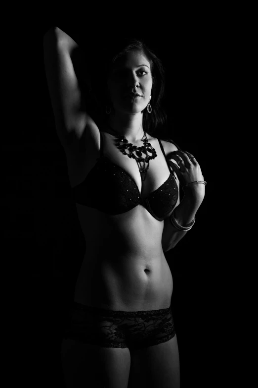 a black and white photo of a woman in lingerie, a black and white photo, flickr, backlight photo sample, belly dancing, 5 0 0 px models, large)}]