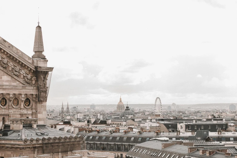 a view of a city from the top of a building, by Emma Andijewska, pexels contest winner, paris school, background image, grey, pastel', panoramic