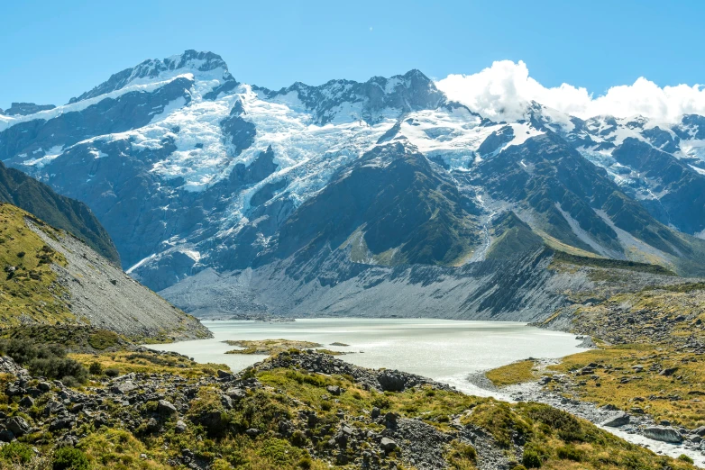 a view of a mountain range with a lake in the foreground, inspired by James Ardern Grant, trending on unsplash, hurufiyya, icy glaciers, avatar image