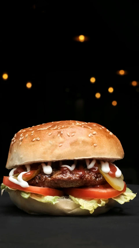 a hamburger sitting on top of a black table, pexels, photorealism, square, 15081959 21121991 01012000 4k, nigth, high-quality photo